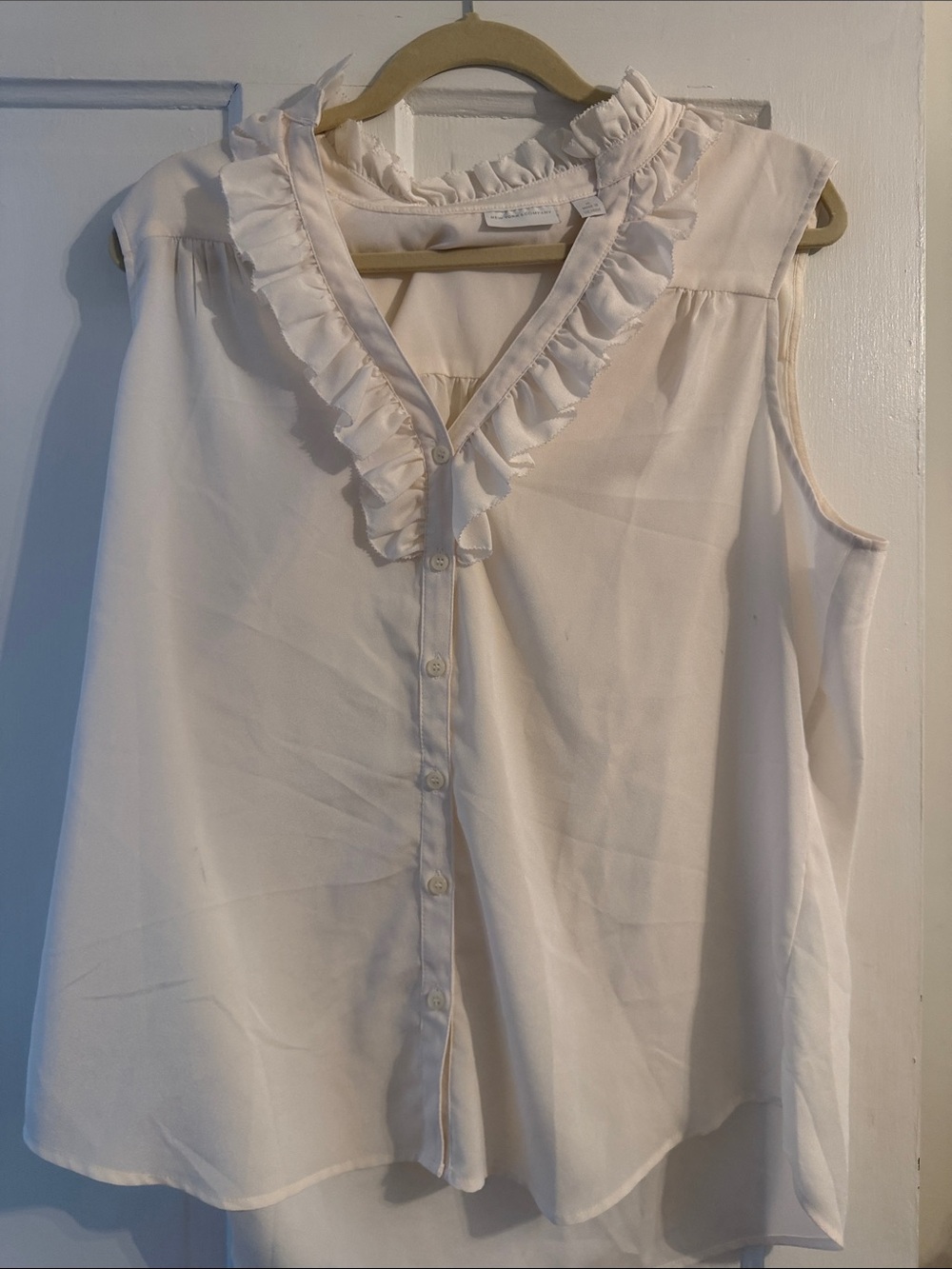 New York and Company Sleeveless Ruffle V-Neck Blouse - Cream